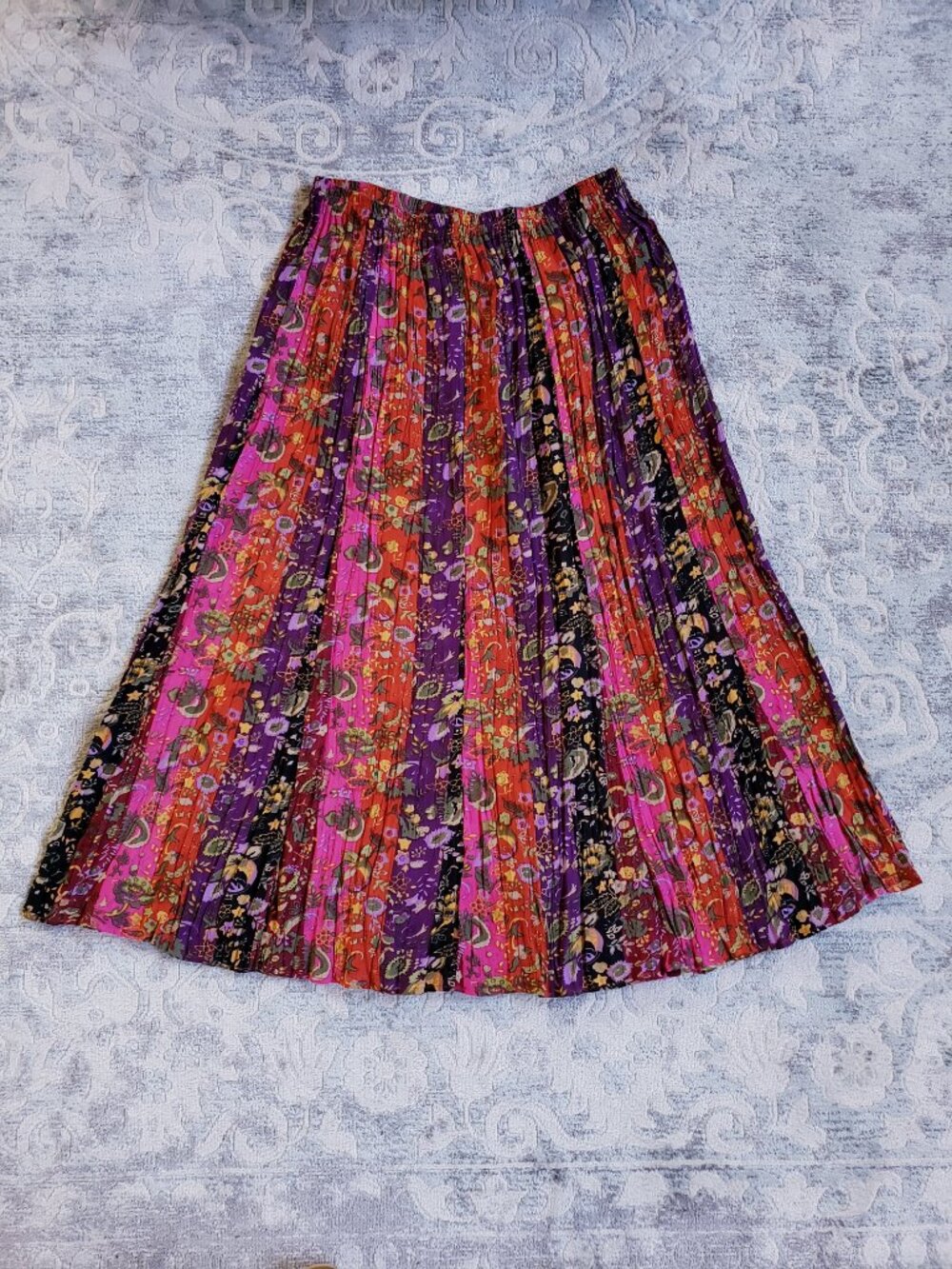 Vtg Notations Broomstick Midi Skirt Size M Muticolor Floral Stripe Print Pull On